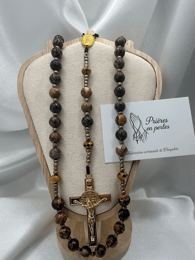 Chapelet artisanal marbré - Perles 10 mm & Croix dorée