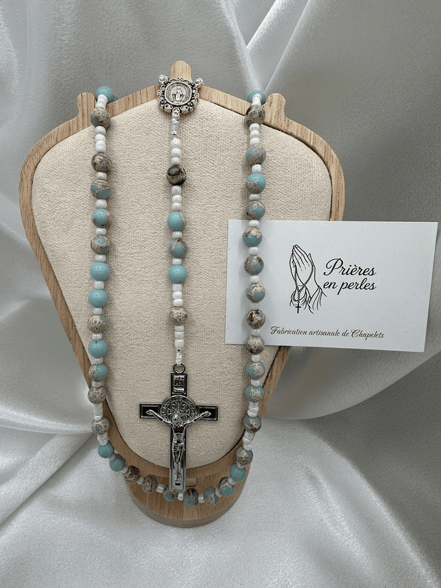 Chapelet bleu ciel et marbré – Perles 8mm &amp; Croix argentée 